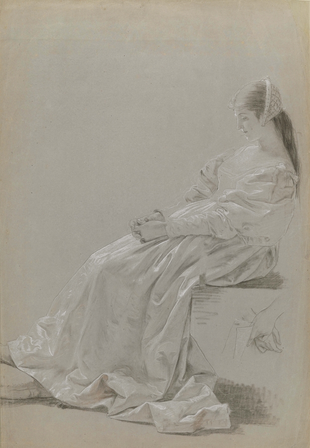 Francesco Hayez - Studio di figura femminile sedente di profilo in costume rinascimentale e di un dettaglio di mani che trattengono una lettera