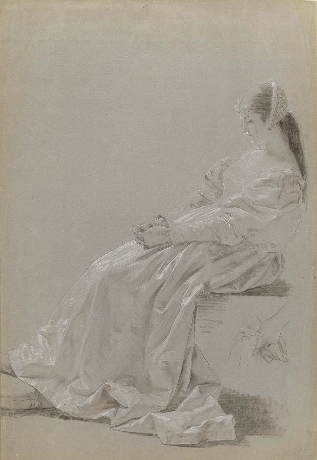 Francesco Hayez - Studio di figura femminile sedente di profilo in costume rinascimentale e di un dettaglio di mani che trattengono una lettera