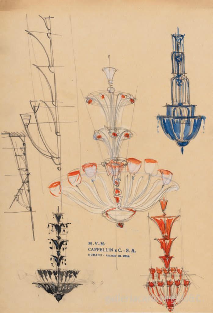 Carlo Scarpa - Bozzetti di lampadari per la manifattura M.V.M Cappellin