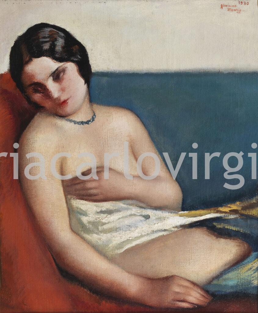 Giannino Marchig - Resting female model on red and blue sofa